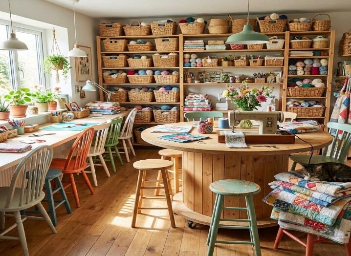 A bright craft room with a sewing machine, round worktable, baskets of supplies, and colorful textiles
